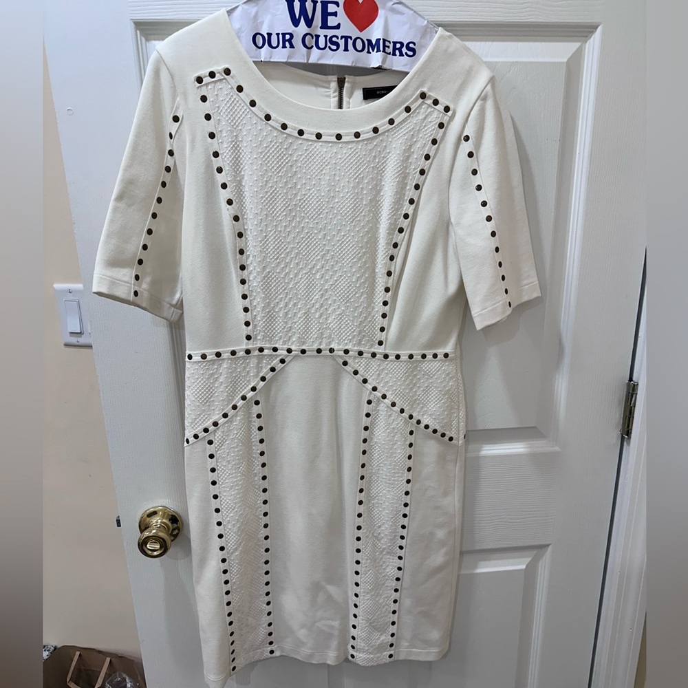 BCBGMaxAzria White Sheath Dress with Black Embellishments